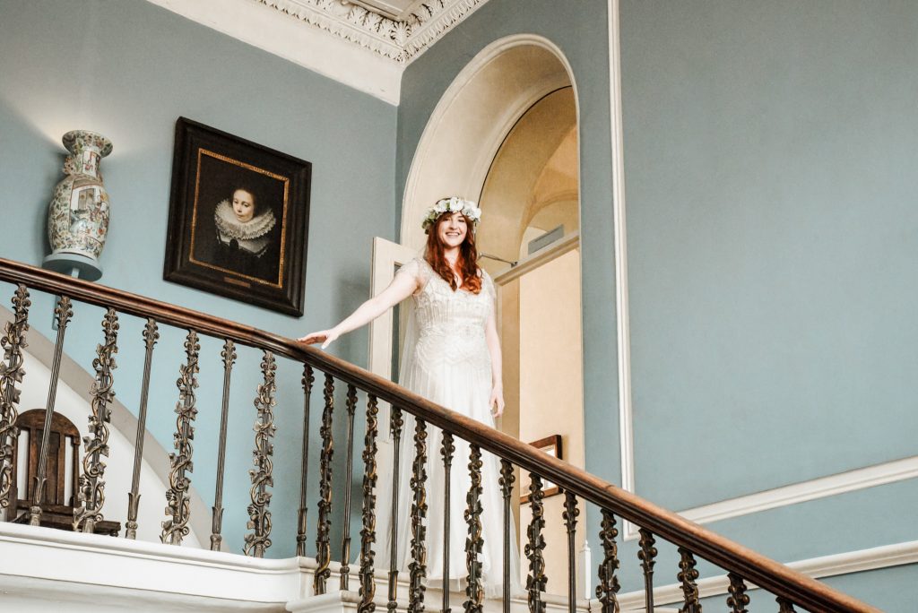 Bride at the famous staircase of Drenagh estate