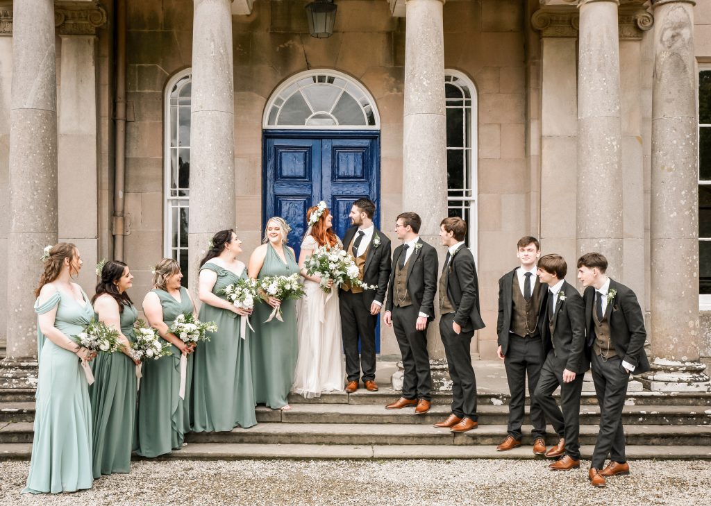 Bride and groom with full bridal party and groomsmen at Drenagh Estate wedding