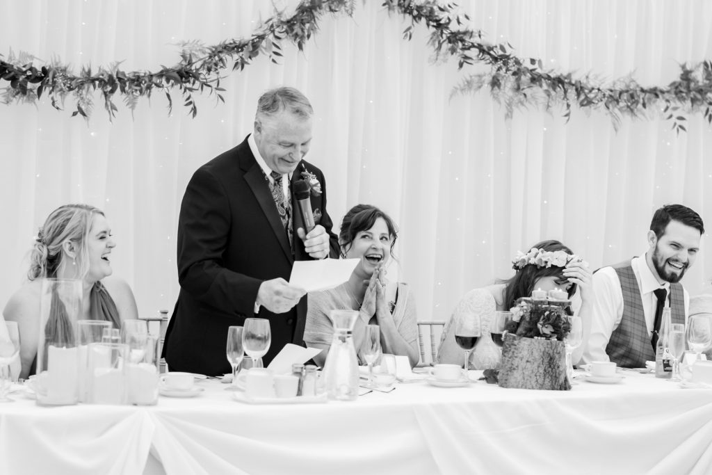 Father of the bride giving emotional wedding speech at Drenagh Estate reception